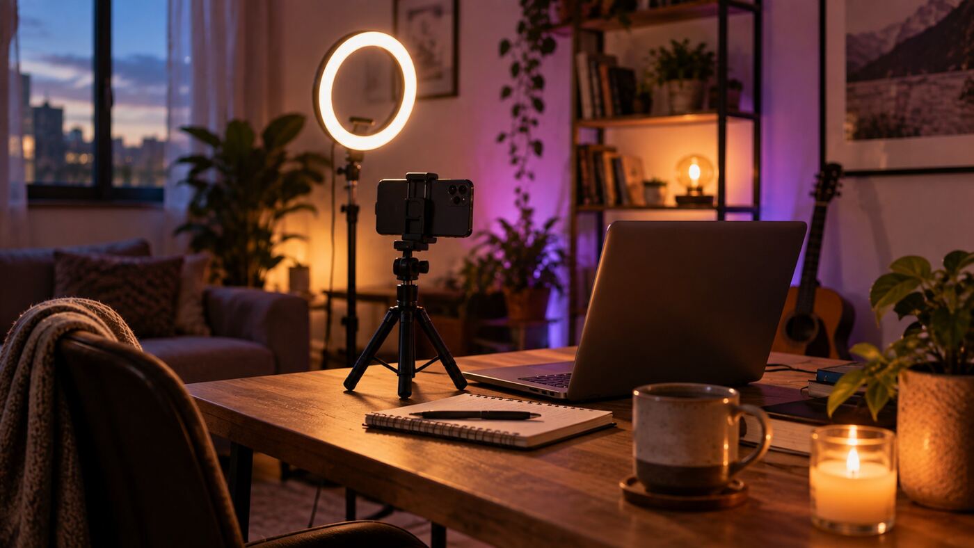 A simple home setup for building and filming digital products — phone on a tripod, ring light, laptop open