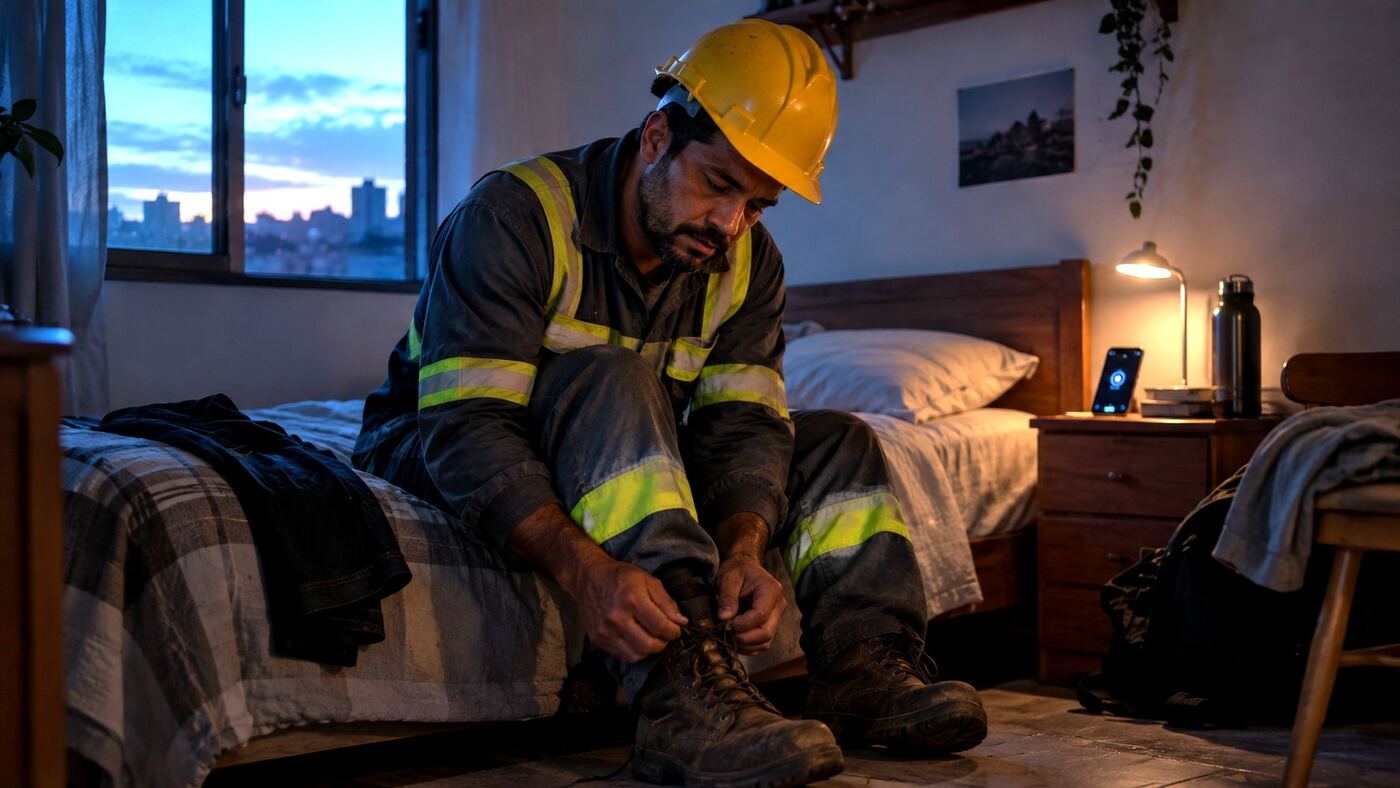 Tying work boots before another early shift, phone already lit up on the nightstand